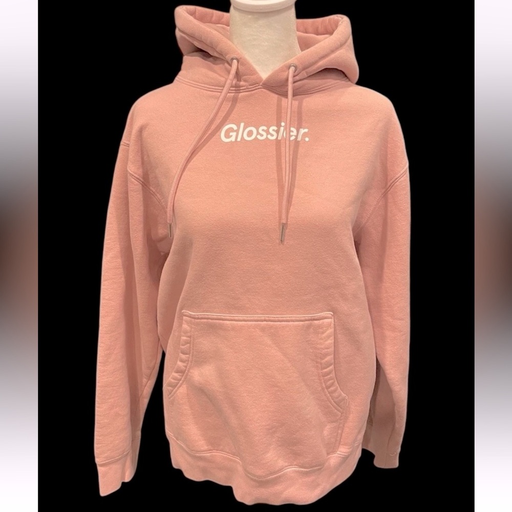 Glossier Women's Small Hoodie Pink Graphic Spellout Pullover Sweatshirt EUC